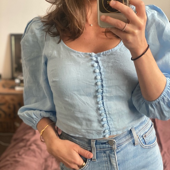 Baby blue linen Aere button-up top. Lightweight linen. Designed in Sydney. - Picture 2 of 2